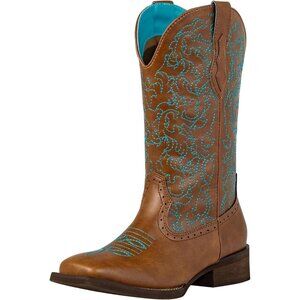 Tan Cowboy Boots For Women Wide Square Toe Mid Calf Ladies Western Cowgirl Boots